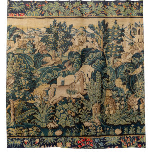 FANTASY ANIMALS,HORSES,WOODLAND Blue Green Floral  Shower Curtain
