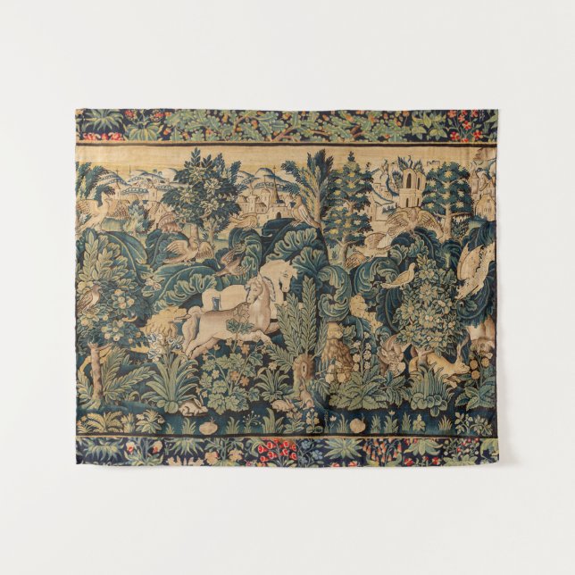 FANTASY ANIMALS,HORSES,WOODLAND Blue Green Floral Tapestry (Front (Horizontal))
