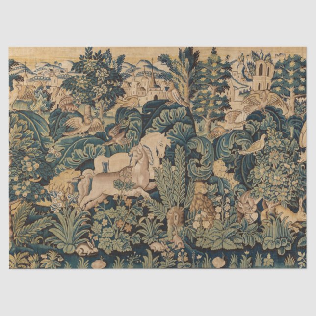 FANTASY ANIMALS,HORSES,WOODLAND Blue Green Floral  Tissue Paper (Front)