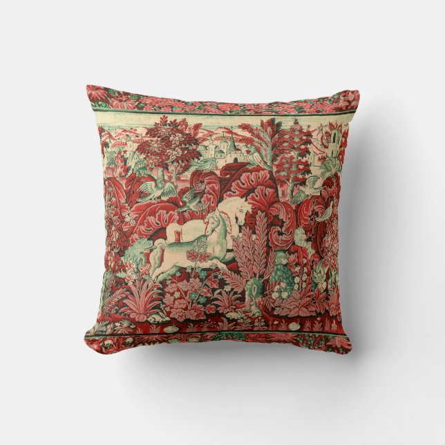 FANTASY ANIMALS,HORSES,WOODLAND Red Green Floral Cushion (Front)