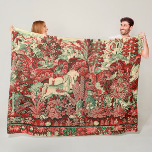 FANTASY ANIMALS,HORSES,WOODLAND Red Green Floral Fleece Blanket