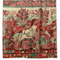 FANTASY ANIMALS,HORSES,WOODLAND Red Green Floral  