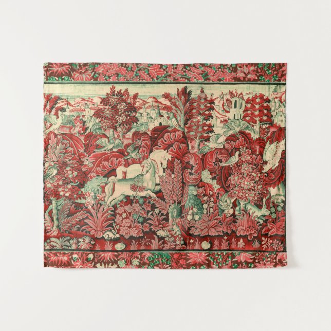 FANTASY ANIMALS,HORSES,WOODLAND Red Green Floral Tapestry (Front (Horizontal))