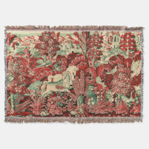 FANTASY ANIMALS,HORSES,WOODLAND Red Green Floral  Throw Blanket