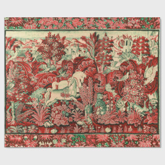 FANTASY ANIMALS,HORSES,WOODLAND Red Green Floral  Wrapping Paper