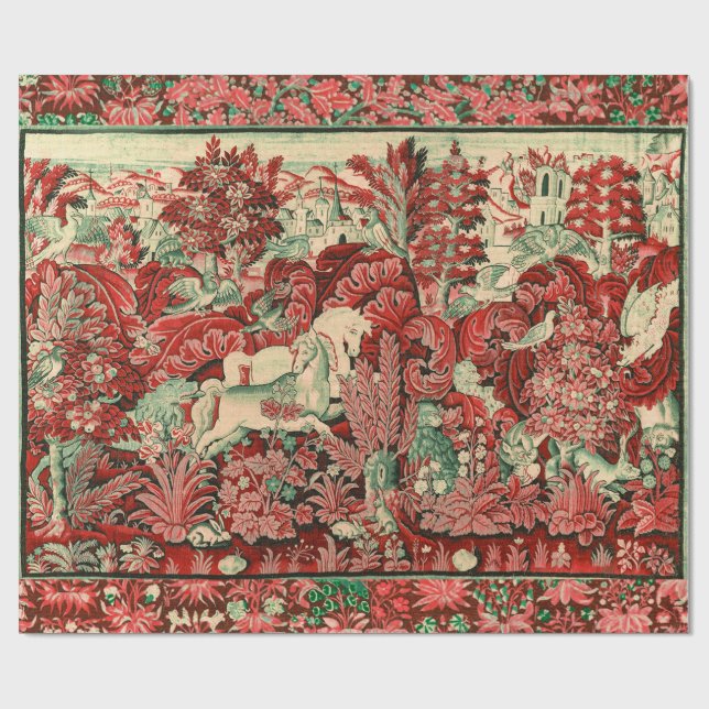 FANTASY ANIMALS,HORSES,WOODLAND Red Green Floral  Wrapping Paper (Flat)