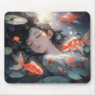 Fantasy Anime Girl and Carps Mouse Mat