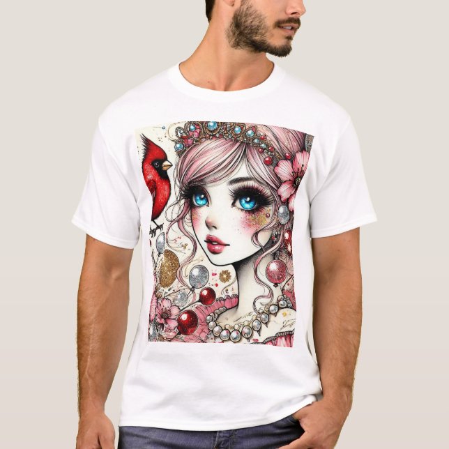 Fantasy Anime Manga Girl Rin Loves Her Bird Tshirt (Front)
