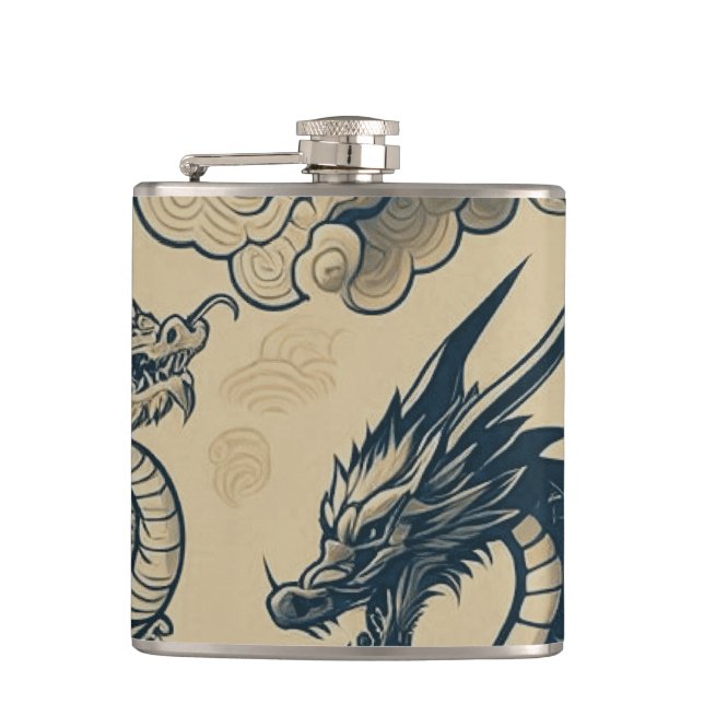 Fantasy Antiqued Dragons  Hip Flask (Front)