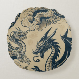 Fantasy Antiqued Dragons  Round Cushion