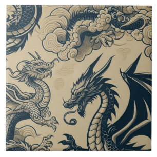 Fantasy Antiqued Dragons Tile