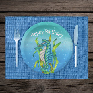 Fantasy Aqua Blue Sea Dragon Horns Seaweed Bubbles Paper Plate