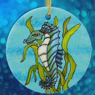 Fantasy Aqua Blue Sea Dragon Seahorse in Seaweed Ceramic Tree Decoration