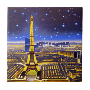 Fantasy Ariel View of Paris Under the Stars Cerami Tile