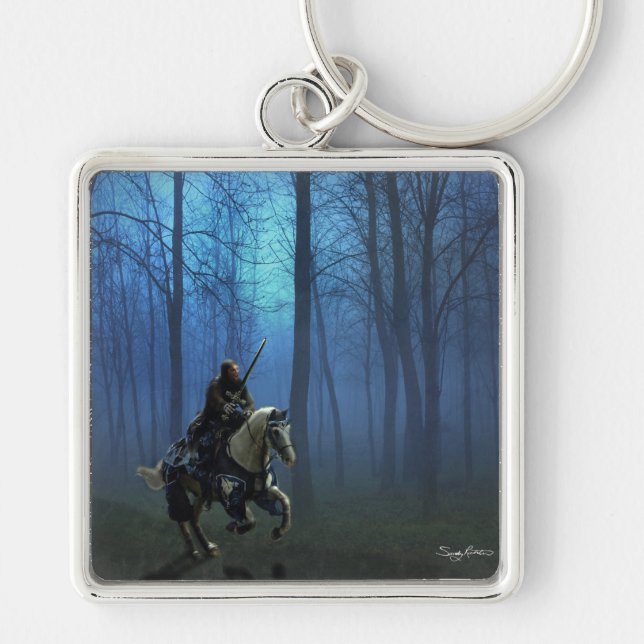 Fantasy Art Blue Knight on Horseback in Moonlight Key Ring (Front)