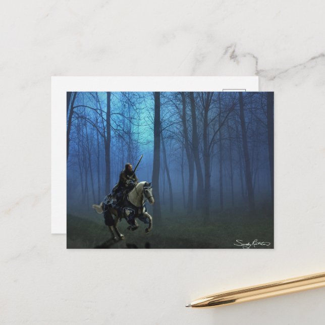 Fantasy Art Blue Knight on Horseback in Moonlight Postcard (Front/Back In Situ)