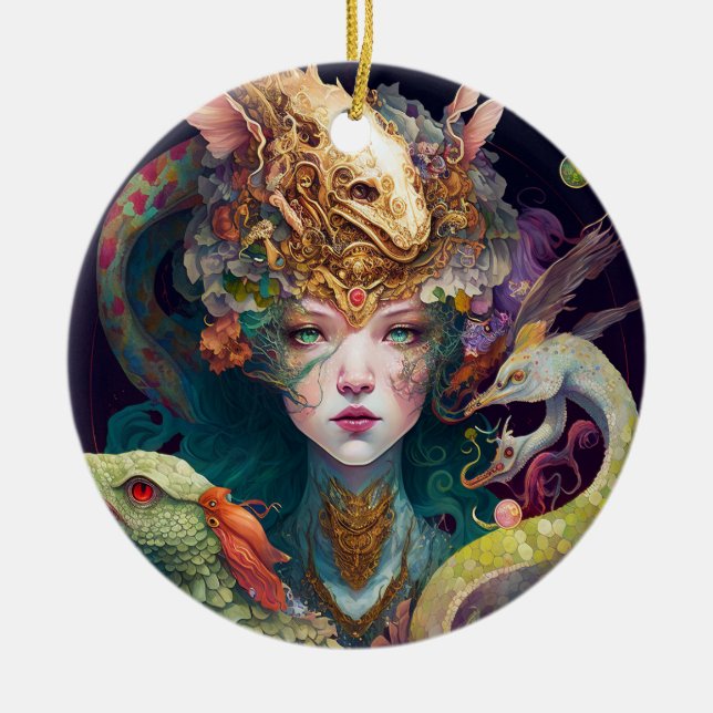 Fantasy Art Dragon Goddess Queen Ceramic Tree Decoration (Front)