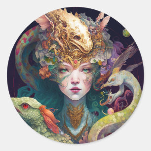 Fantasy Art Dragon Goddess Queen Classic Round Sticker