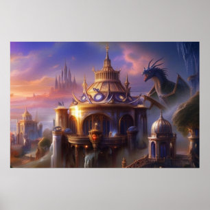 Fantasy Art Fairytale Castles Mystical Dragon  Poster