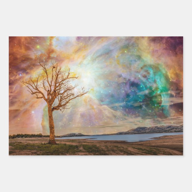 Fantasy Art Nothern Lights Landscape with Tree Wrapping Paper Sheet (Front)