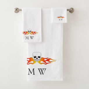 Fantasy Art Skull And Flames Design Monogrammed Bath Towel Set