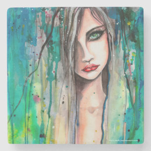 Fantasy Art Watercolor Portrait Modern Woman Stone Coaster