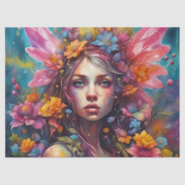 Fantasy Beautiful Colourful Flower Fairy Decoupage Tissue Paper (Front)