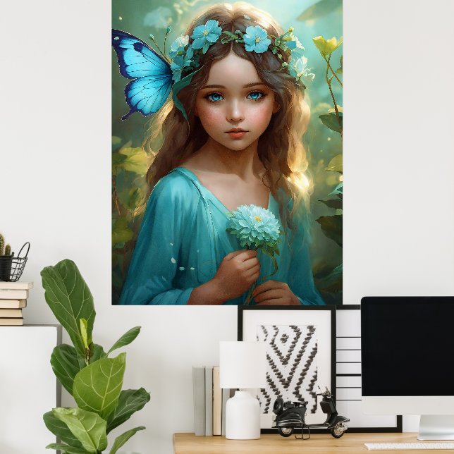 Fantasy Beautiful Cyan Green Fairy Girl Poster (Home Office)