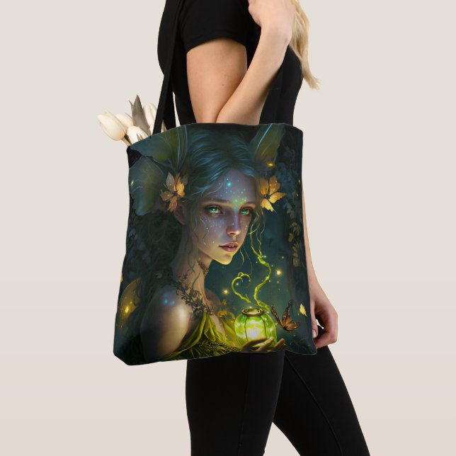 Fantasy Beautiful Green Forest Fairy Tote Bag (Close Up)