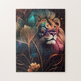 Fantasy, beautiful lion with flowers AI art Jigsaw Puzzle