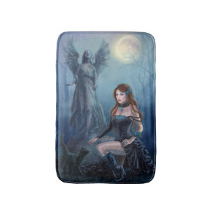 Fantasy beautiful woman with black cat Bath Mat