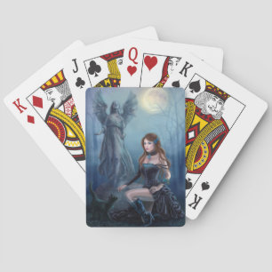 Fantasy beautiful woman with black cat playing cards