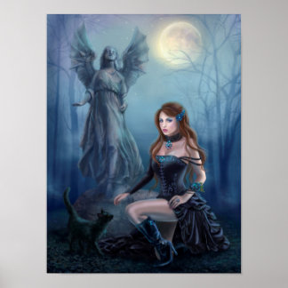 Fantasy beautiful woman with black cat poster