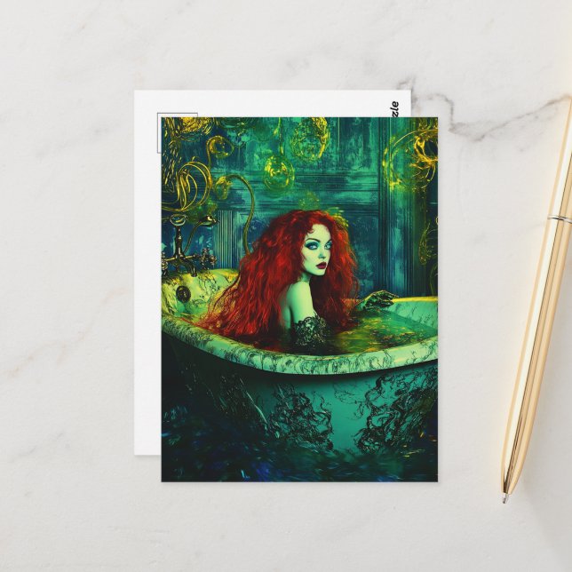 Fantasy Beautiful Woman with Red Hair in a Tub  Postcard (Front/Back In Situ)