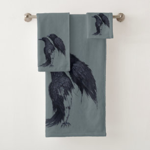 Fantasy Bird Nature Pair of Corvid Ravens Bath Towel Set