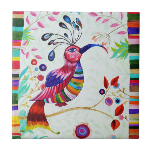 fantasy bird rainbow floral painting folk art tile