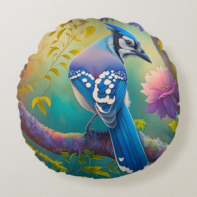Fantasy Birds Blue Jay Round Cushion (Front)
