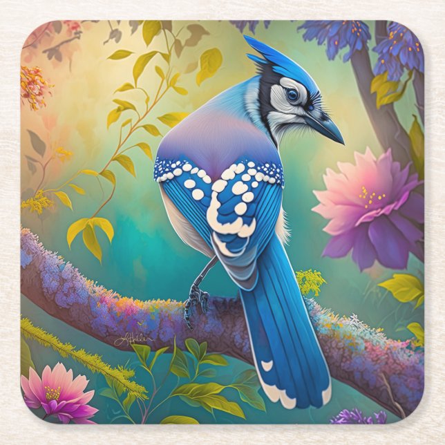 Fantasy Birds Blue Jay Square Paper Coaster (Front)