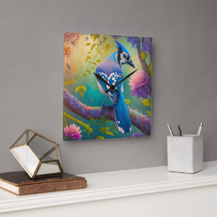 Fantasy Birds Blue Jay Square Wall Clock
