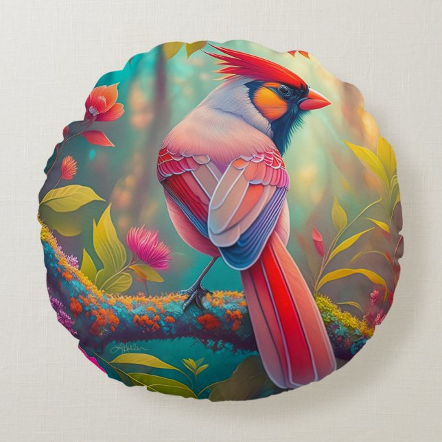 Fantasy Birds Male Cardinal Round Cushion (Front)