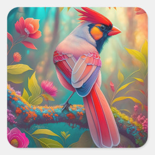 Fantasy Birds Male Cardinal Square Sticker
