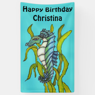 Fantasy Birthday Aqua Blue Seahorse Seaweed Banner