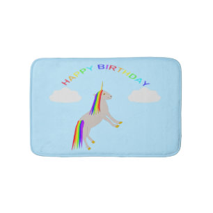 Fantasy Birthday Unicorn Rainbow and Clouds Bath Mat