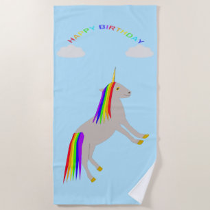 Fantasy Birthday Unicorn Rainbow and Clouds Beach Towel
