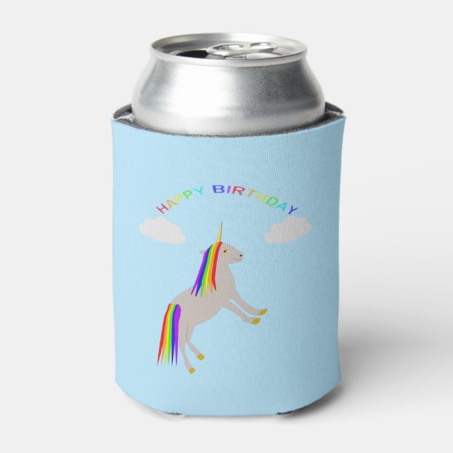 Fantasy Birthday Unicorn Rainbow and Clouds Can Cooler (Can Front)