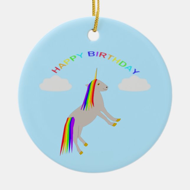 Fantasy Birthday Unicorn Rainbow and Clouds Ceramic Tree Decoration (Front)