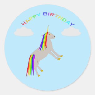Fantasy Birthday Unicorn Rainbow and Clouds Classic Round Sticker