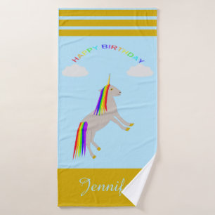 Fantasy Birthday Unicorn Rainbow and Clouds Custom Bath Towel