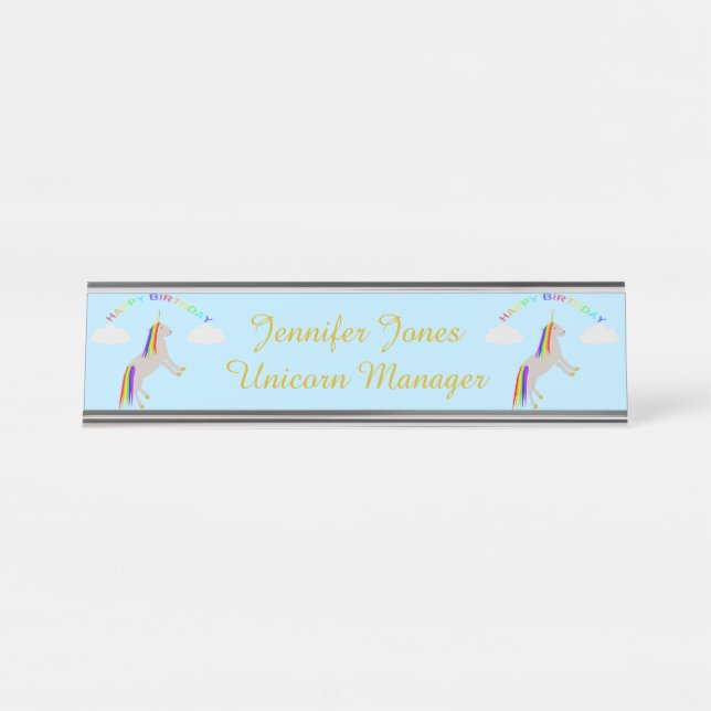Fantasy Birthday Unicorn Rainbow and Clouds Custom Desk Name Plate (Front)