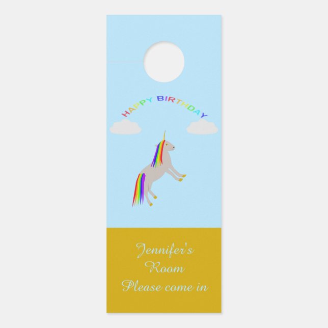 Fantasy Birthday Unicorn Rainbow and Clouds Custom Door Hanger (Front)